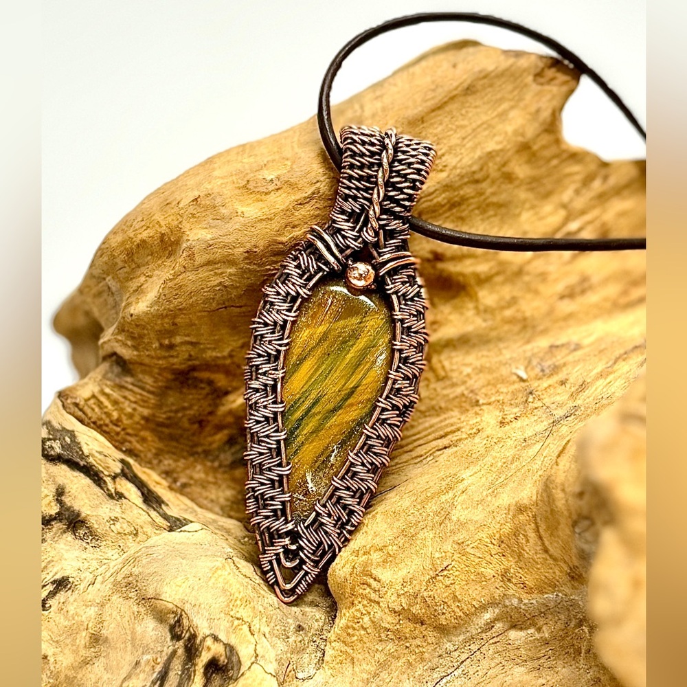 HAND CRAFTED Tigers Eye Wire Wrapped Copper Unisex Statement Pendant Necklace